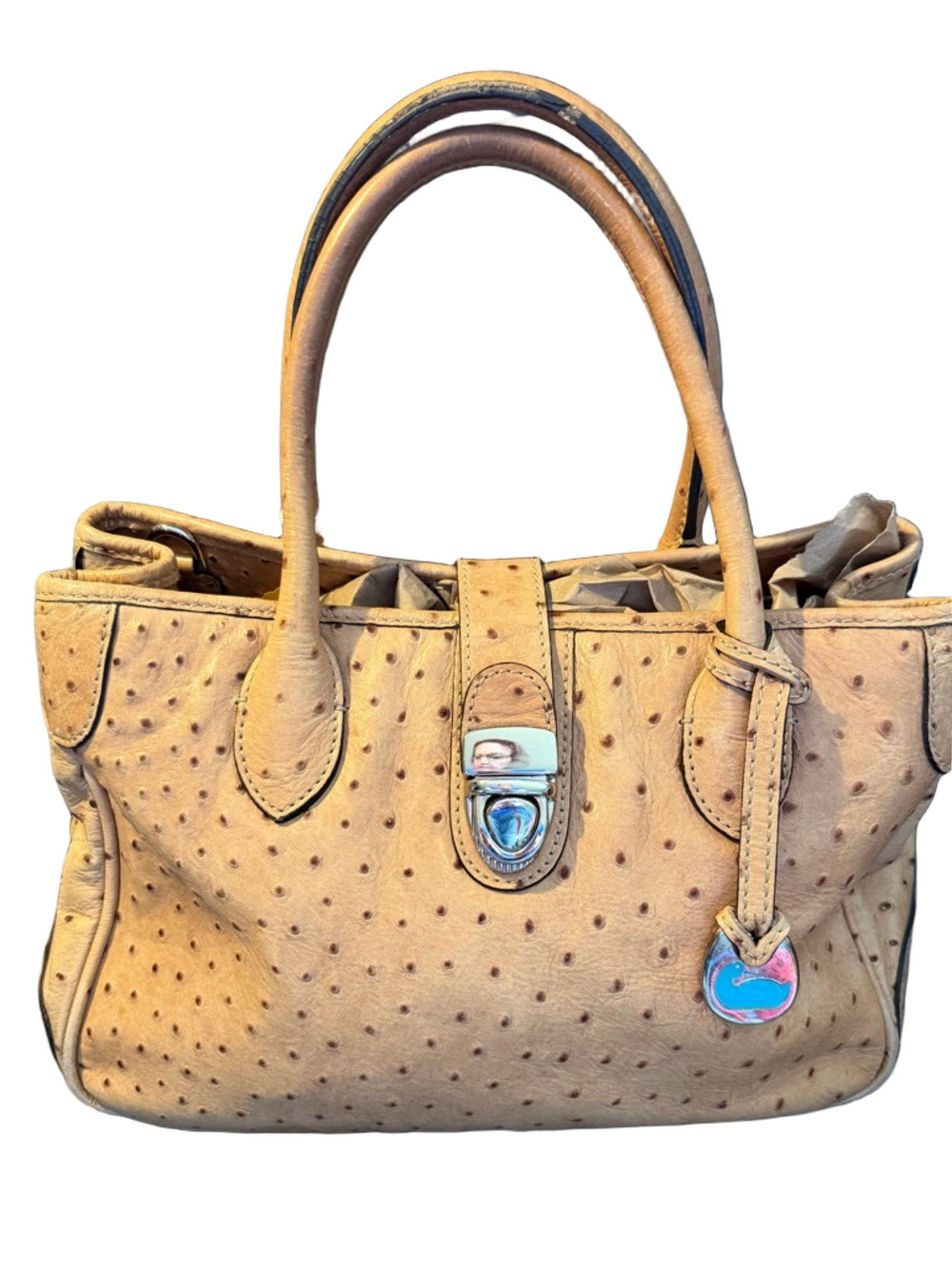Dooney & Bourke Ostrich Embossed Rare Leather Bristol Logo Lock Satchel Tan